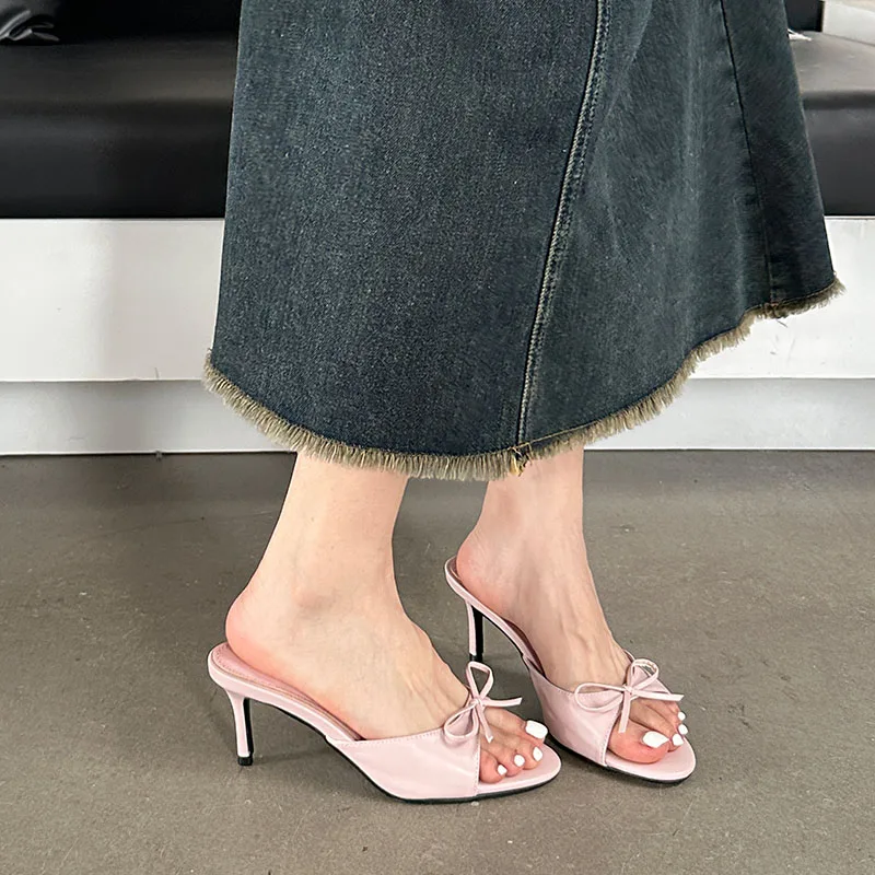 Calzado rosa con punta redonda para mujer, sandalias de tacón fino, zapatos deslizantes para mujer, Sandalias de tacón con nudo de mariposa a la moda