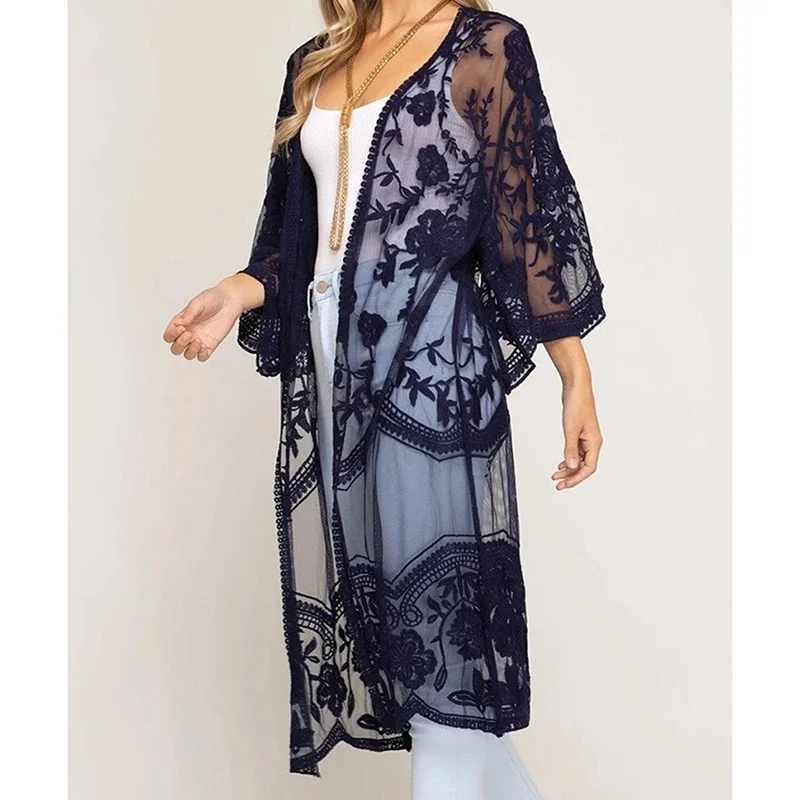 Bikini con bordado de encaje para mujer, cárdigan elegante holgado y fino con protección solar de estilo francés, ropa de playa Sexy para mujer 2025