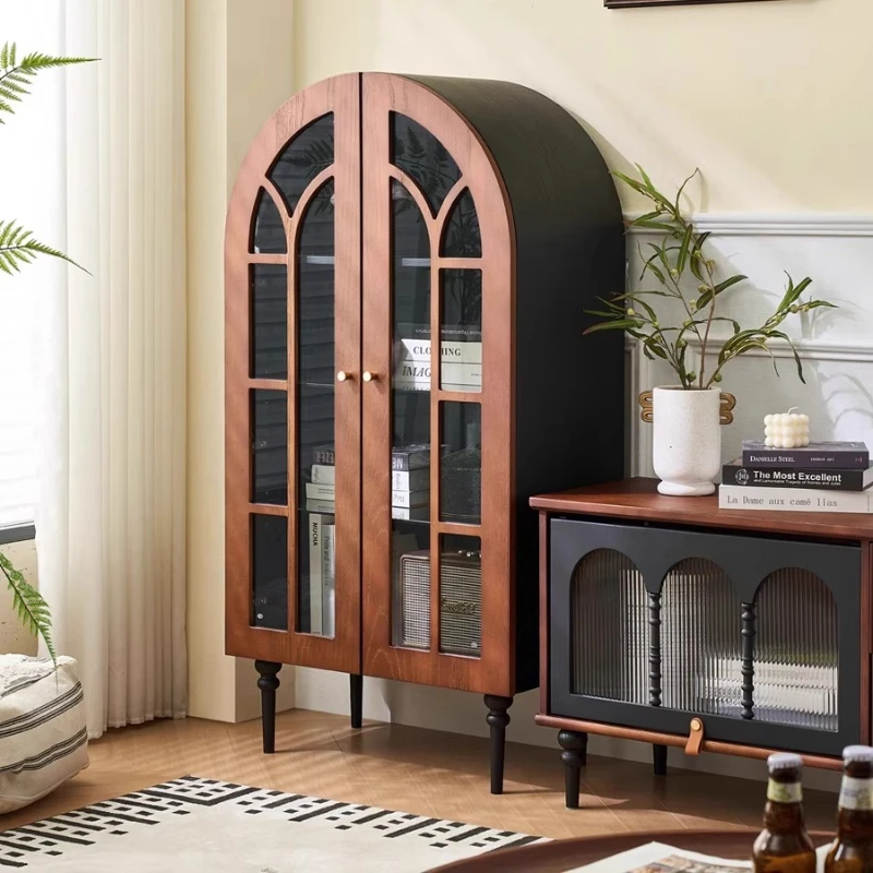 

Retro Display Cabinet Arched Solid Wood Glass Bookcase Medium Antique Locker Living Room TV Side Cabinet