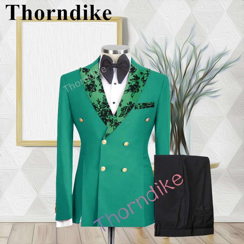 Thorndike Dark Brown Men's Suits Double Breasted Jacquard Collar Wedding Tuxedo Suit for Men 2 Pieces Blazer Pants Costume Homme