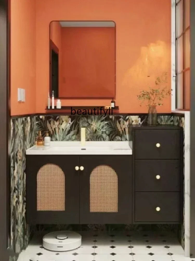

SS03A Retro Affordable Luxur Rattan Bathroom Cabinet Combination Wash up Sink Ceramic Whole Washbin