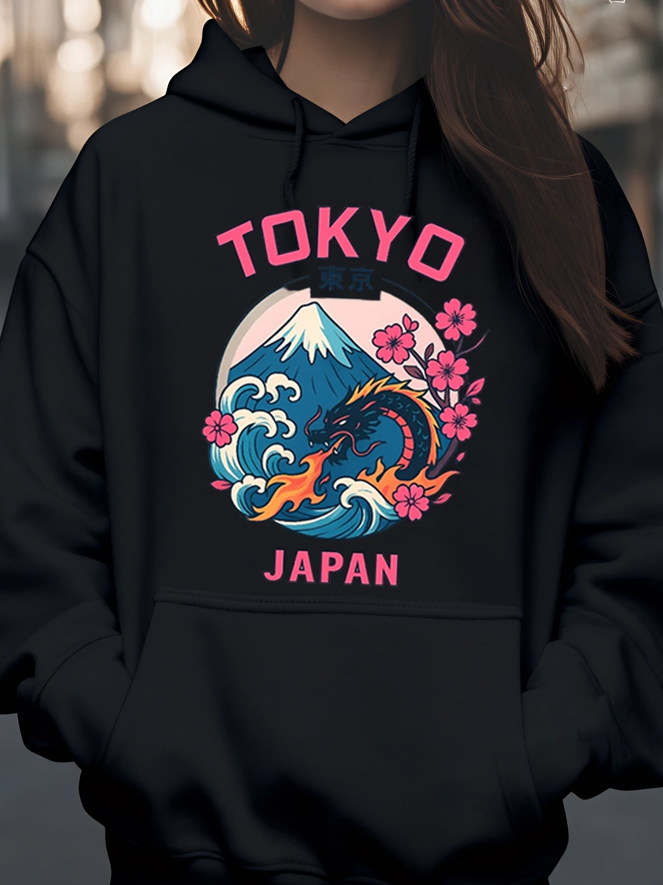 Tokyo Japón Monte Fuji Dragon Cherry Blossom Sudadera con capucha con estampado Primavera Verano Casual Streetwear Unisex