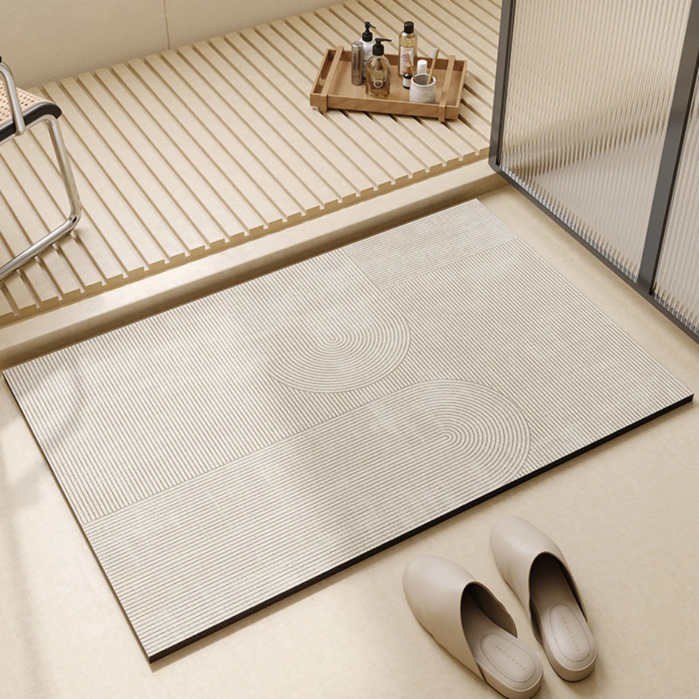 Arc Curve Line Printed Bath Mat Quick Dry Shower Rug Abstract Loop Stripe Neutral Tone For Washroom Foot Mat
