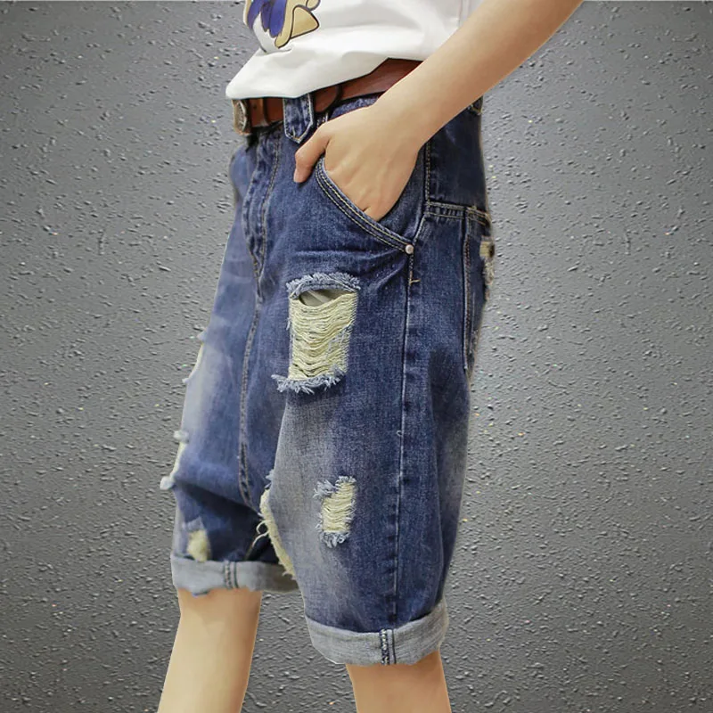 Denim-Shorts für Damen, Sommer, dünn geschnitten, zerrissen, großer Schritt, Haremloose, hängender Schritt, Trend, fünfteilig