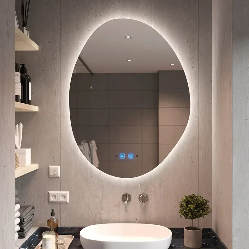 Modern Irregular LED Light Up Mirror Self Adhesive Wall Mounted Smart Design For Bathroom Makeup Daily Home Decoration Large