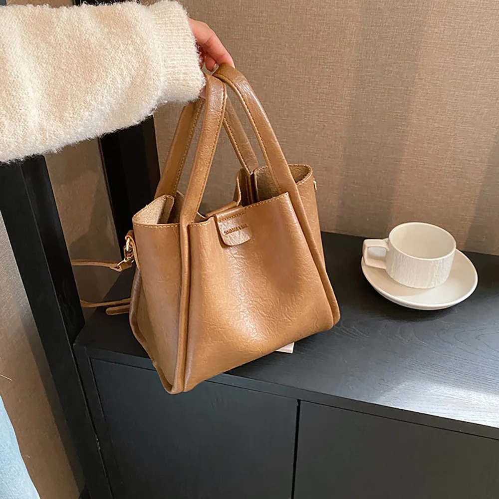 Vintage Large Capacity Bucket Crossbody Bag Women Fashion Solid Color Pu Leather Shoulder Bags Lady Commuter Handbags