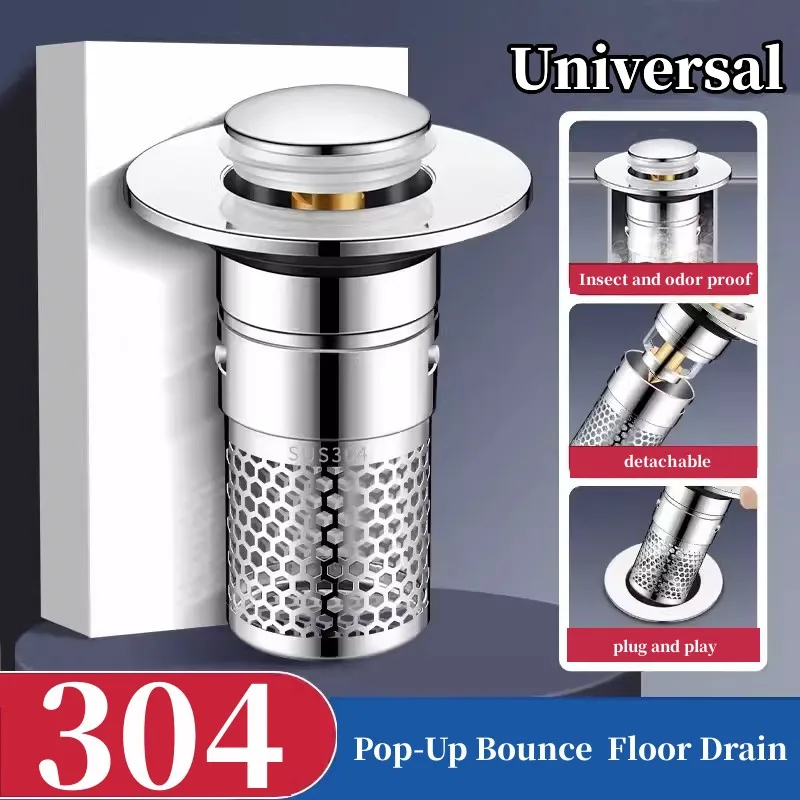 Stainless Steel Floor Drain Filter Washbasin Plug Anti Odor Pop-Up Bounce Core Basin Stopper Hair Catcher Shower Sink Strainer