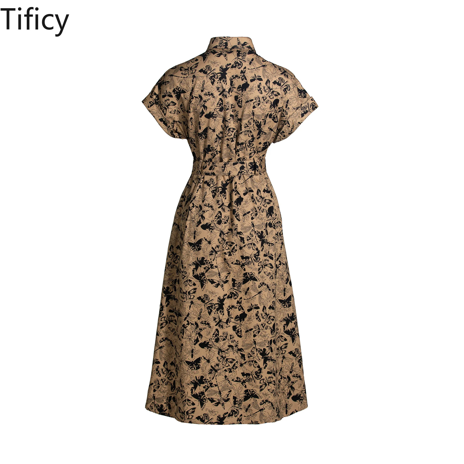 TIFICY Women's Fashionable Elegant Versatile Commuting Pure 100% Cotton Khaki Color Direct Spray Printed Large Swing Dress