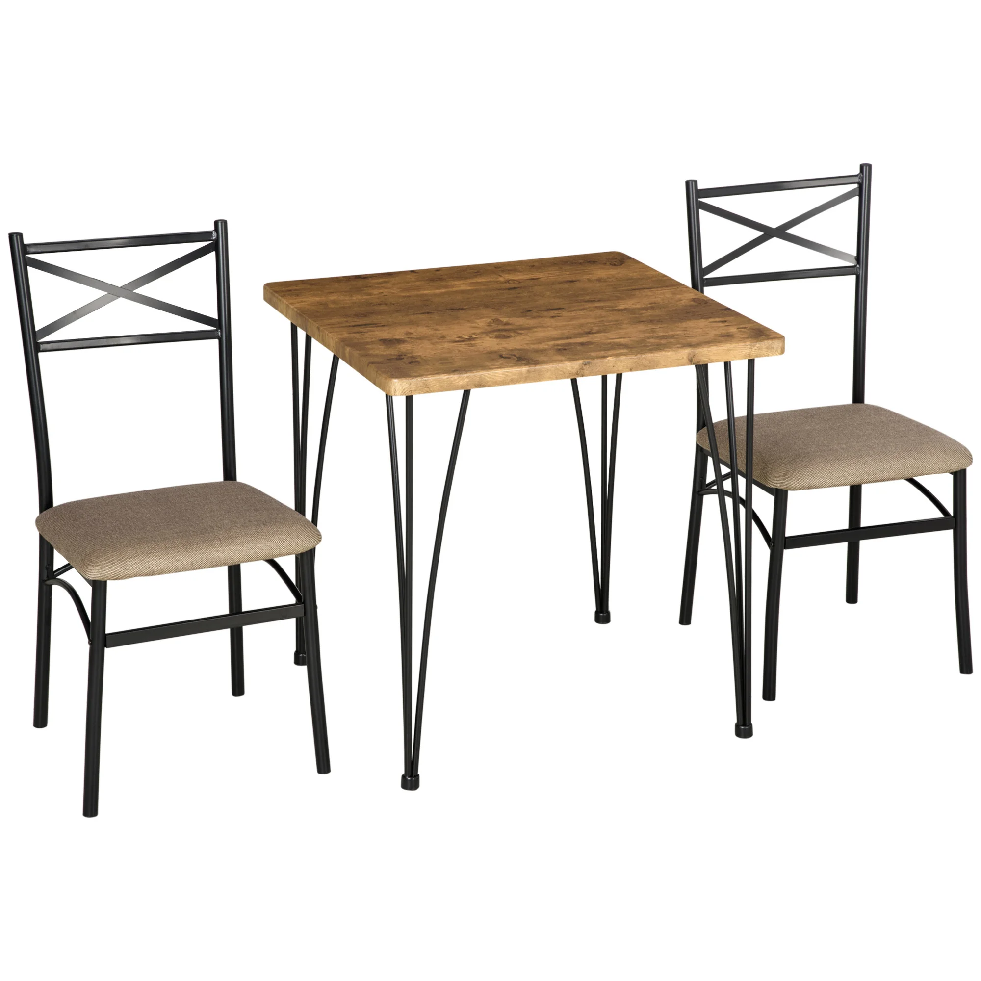 HOMCOM Dining Set 3 Pieces 1 Table Set 74x74x76 cm and 2 Chairs 42x50x91,5 cm with Modern Style Steel Legs for Kitchen Indoor Brown Black