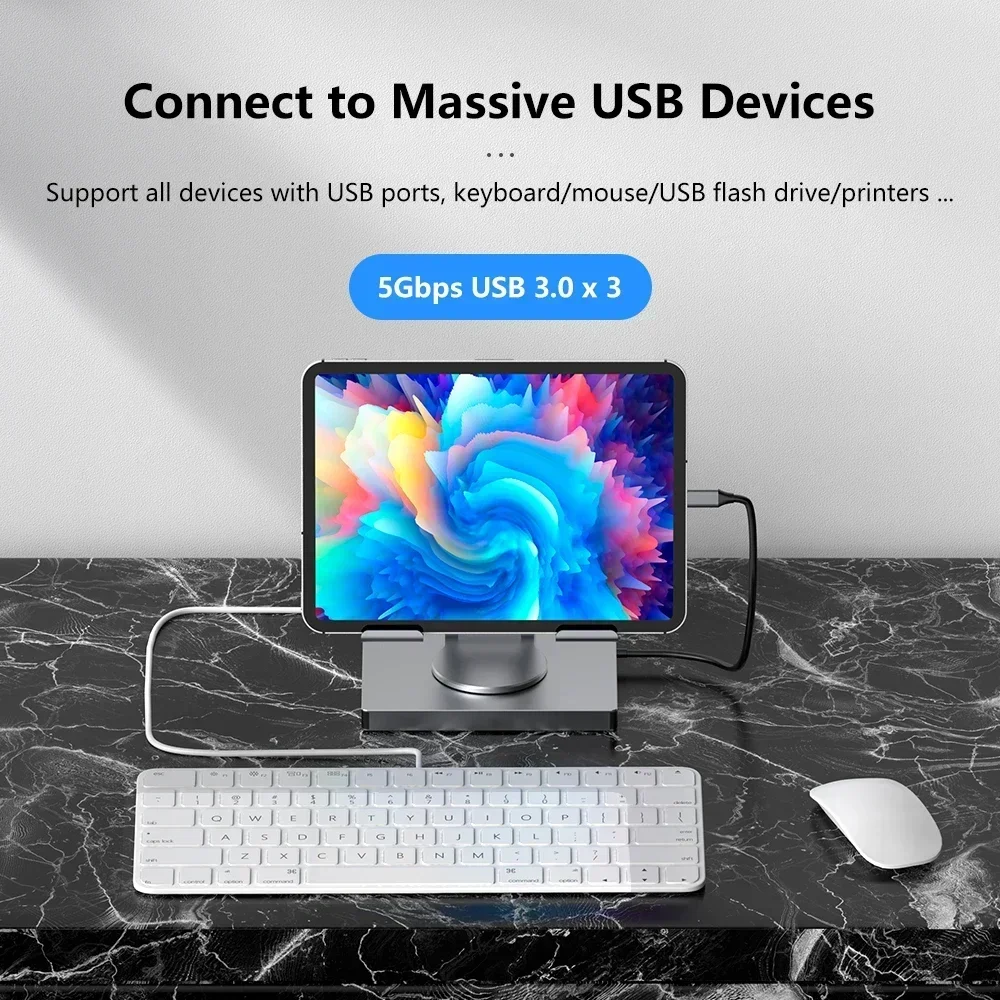 محطة إرساء USB-C جديدة 8 في 1 مع حامل لوحي من الألومنيوم قابل للطي مع محور USB C لجهاز iPad Pro