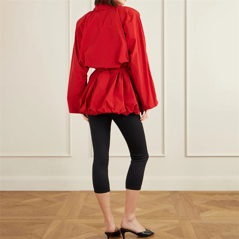 High-Quality New Women's Stand Collar Belted Lightweight Short Windbreaker Y2K High Street Nylon Fashion Show Dress Coat
