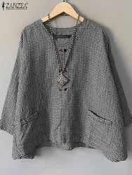 Casual Loose Women Blouse ZANZEA Summer Round Neck Shirt Checked Printed Pocket 3/4 Sleeve Tops Harajuku Simple Blusas