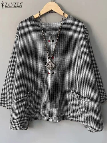 ZANZEA-Blusa holgada informal para mujer, camisa de cuello redondo con estampado a cuadros, Tops de manga 3/4 con bolsillo, Blusas simples Harajuku