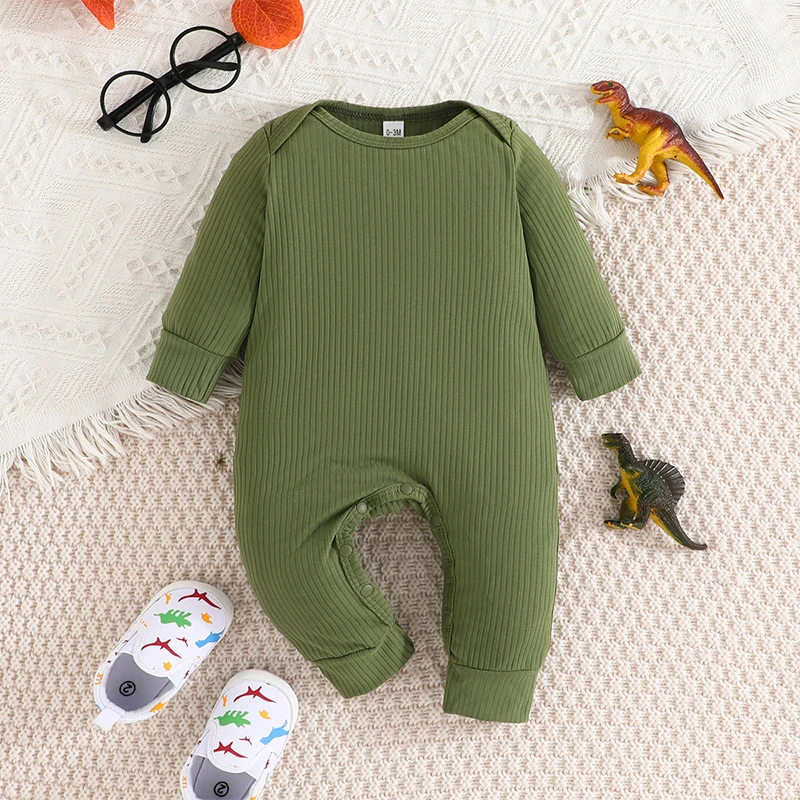 Baby Boy 2 Pack Long Sleeve Jumpsuit Newborn Ribbed Solid Dinosaur Print Bodysuit Newborn Coming Home Outfit