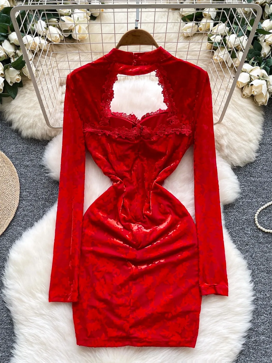 Foamlina moda mujer Otoño Invierno vestido Sexy encaje Floral empalmado recortado cuello alto manga larga estampado Mini vestido de terciopelo