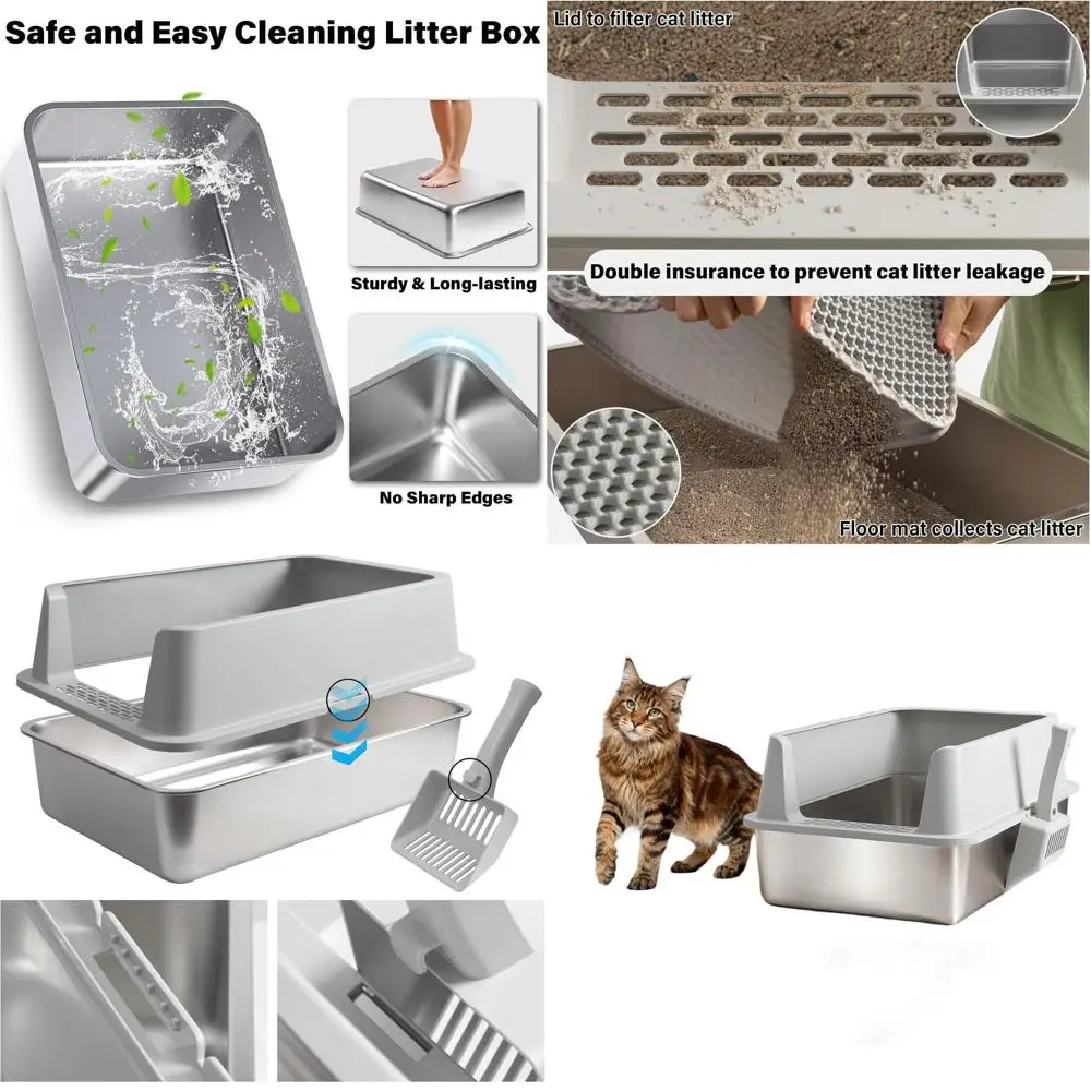 

Large Stainless Steel Covered Cat Litter Box with Easy Clean, Non-Stick, and Odor Control