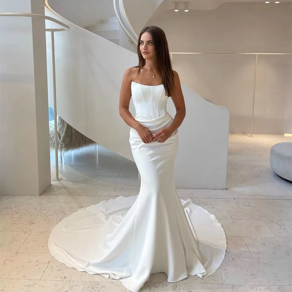 Customized Strapless Satin Mermaid Wedding Dress with Corset Bodice and Long Train Elegant Bridal Dress for Modern Brides