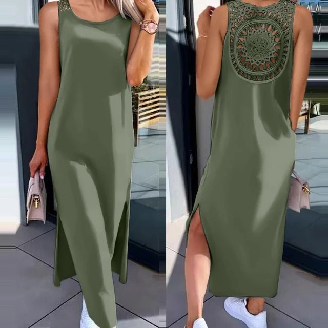 Vestido midi de verano nuevo, talla ande, sin mangas, con abertura, de color o, cuello redondo, entallado, moderno, para...