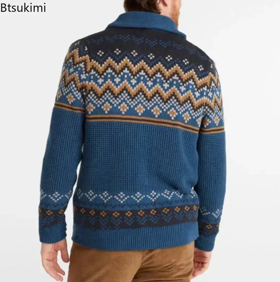 2025 Men's Winter Knitted Sweater Jacket Vintage Jacquard Cardigan Sweaters Lapel Single Breasted Knitted Sweater Coats for Men