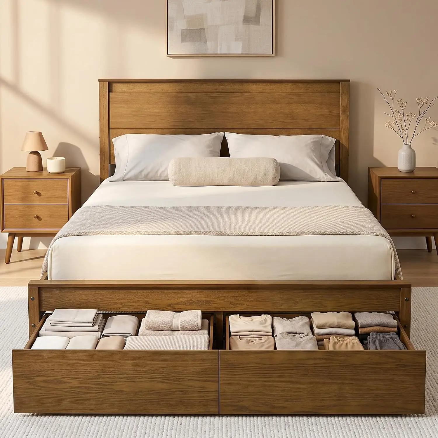 Solid Wood Queen Size Bed Frame with Headboard, Storage Drawer, Customized