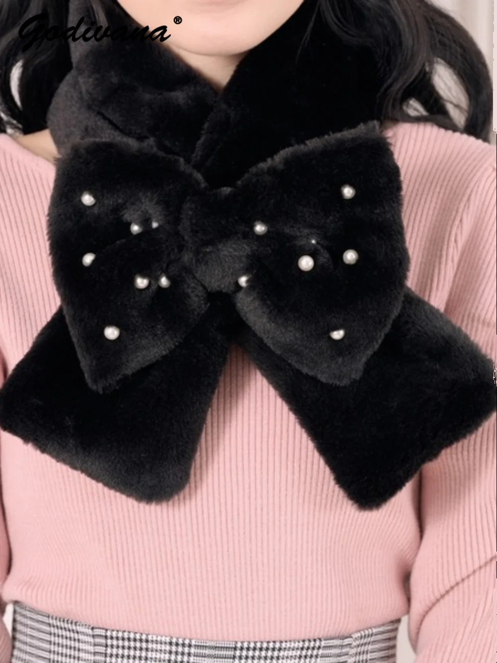 Cute Pearl Beaded Bow Scarf Japanese Plush Imitation Rabbit Hair Sweet Girl Winter Women\'s Warm Neckerchief