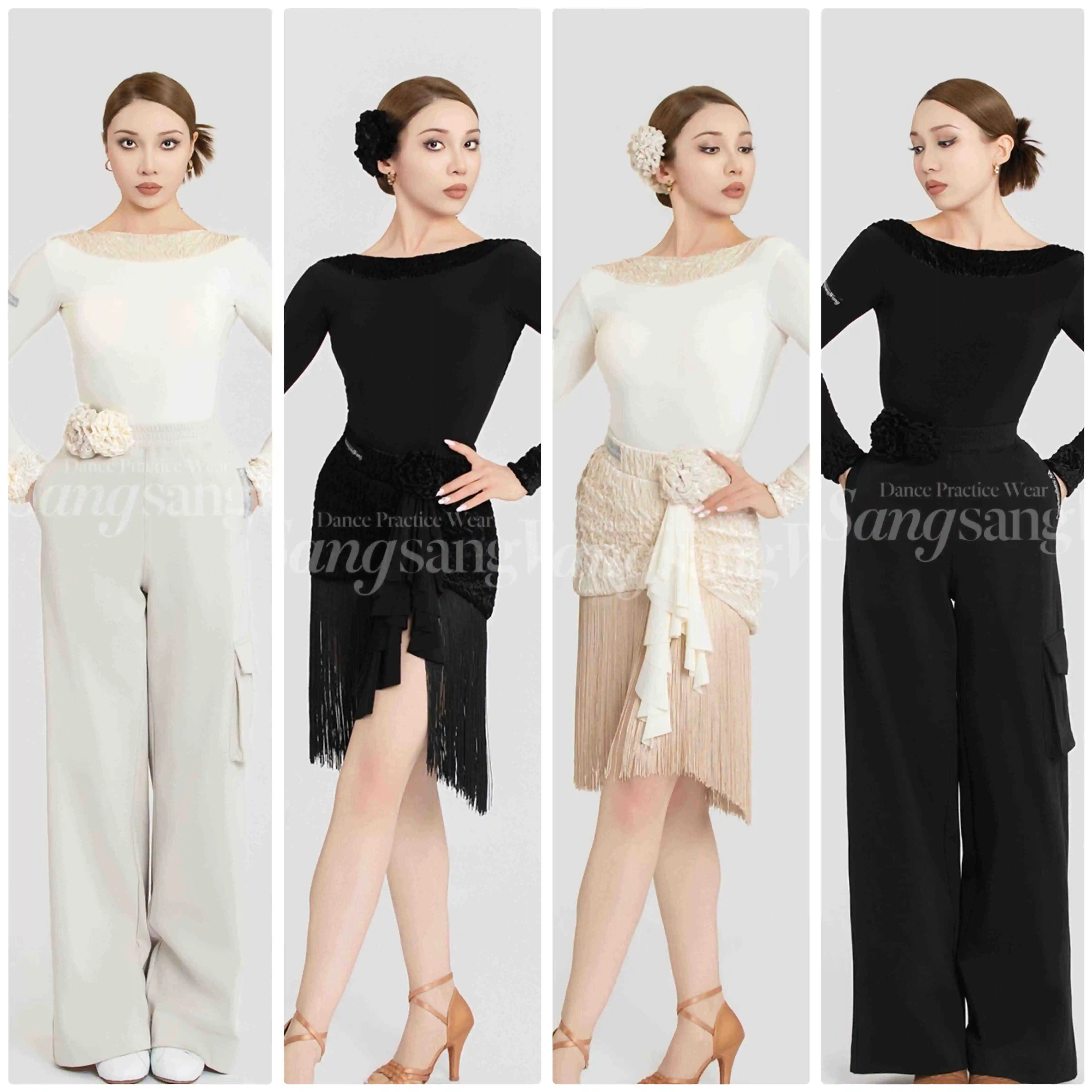 Traje de Baile Latino para Mujer, Top de Encaje, Falda con Flecos Beige y Negra, Pantalones, Ropa de Competición para Adultos, Ropa de Práctica
