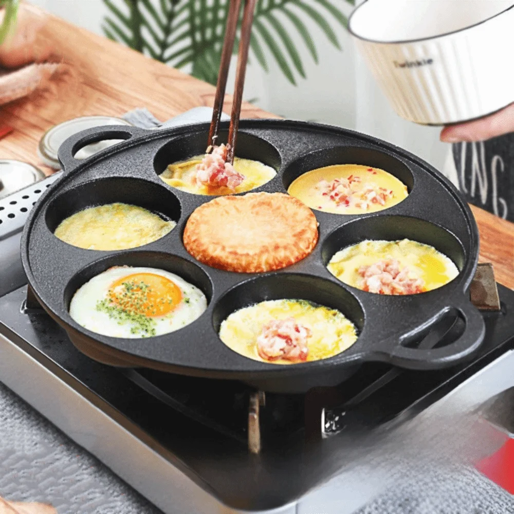 

Multipurpose Cast Iron 7 Hole Omelette Pan Non-Stick Round Kitchen Frying Pan Labor-saving Efficient Ham Pans Meatloaf
