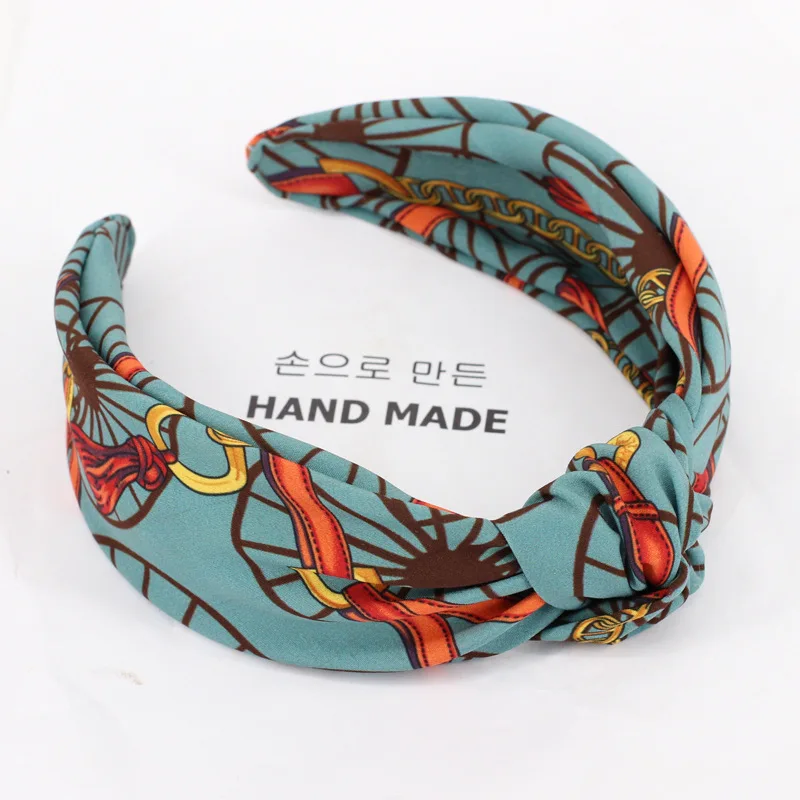 Blue Retro Print Hairband Adults Top Knot Hair Headband Ladies Bohemian Hairband Bow Women Outdoor Headdress Wide Head Band