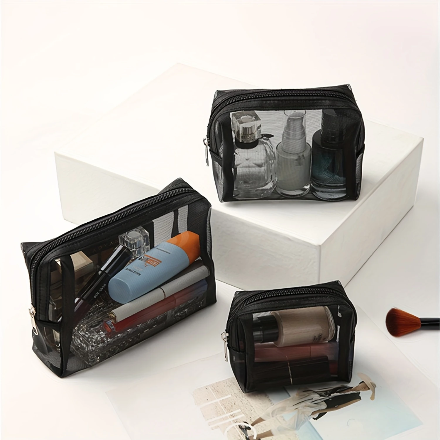 

3-Piece Set Travel Cosmetic Bags, Solid Color Portable Makeup Organizer, Mini Toiletry Pouch
