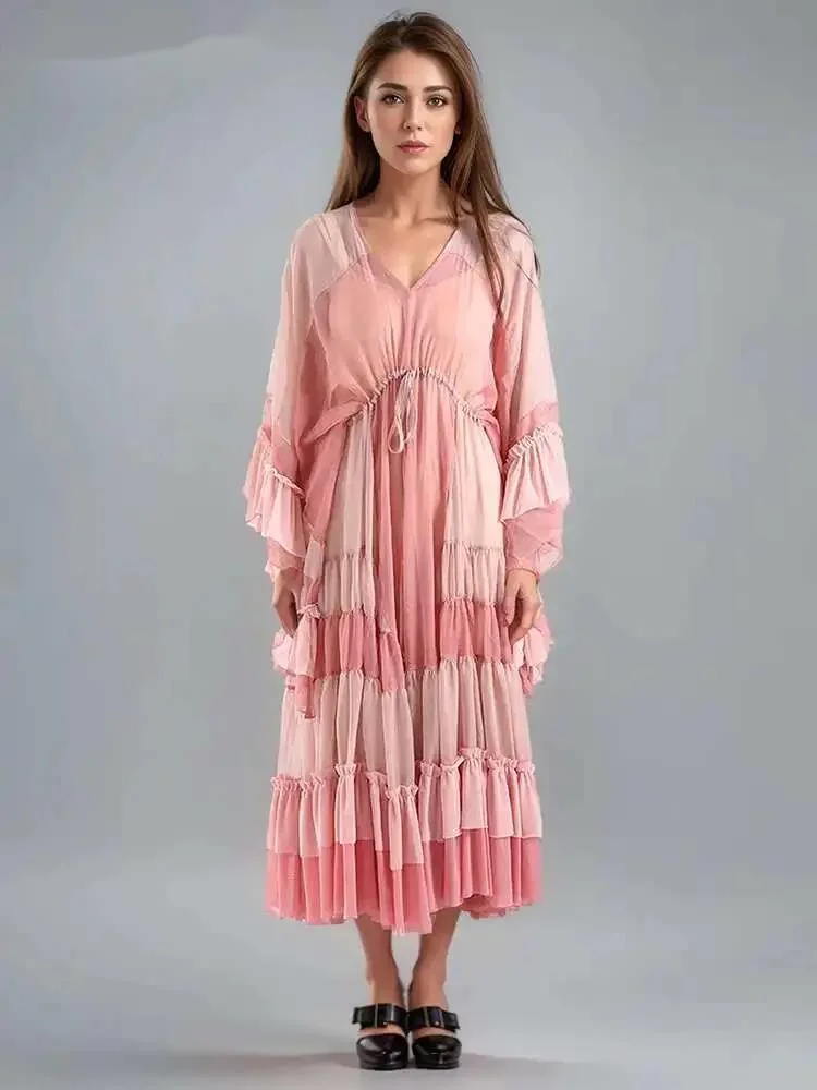 

Модное женское платье в стиле пэчворк контрастного цвета с V-образным вырезом, свободное, с длинными рукавами, на завязках, длиной до щиколотки, летнее, новинка 2026 года, 61N2