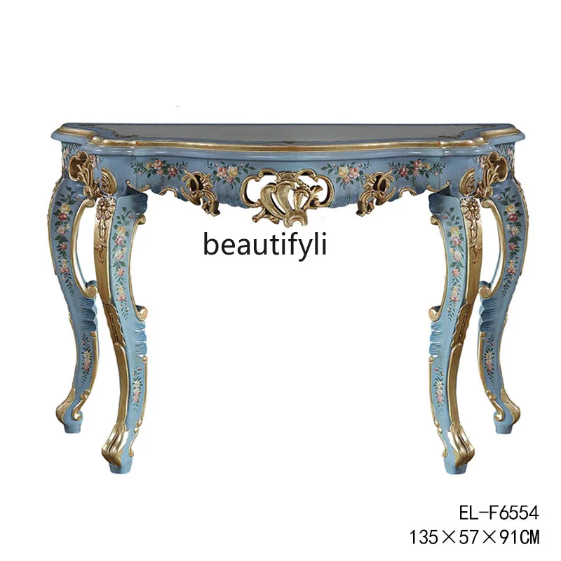 zqEuropean-Style Luxury Hand-Painted Solid Wood Heavy Industry Carved Gold Painting Green Blue Purple Curved Edge Console