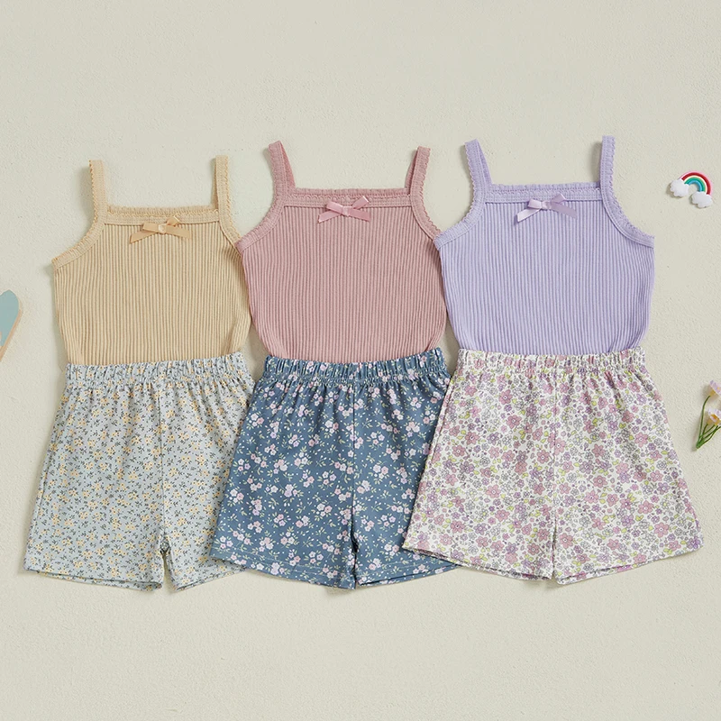 

Summer Fashion Toddler Kids Baby Girls Clothes Ribbed Bow Spaghetti Strap Tank Tops Floral Elastic Waist Shorts Outfits