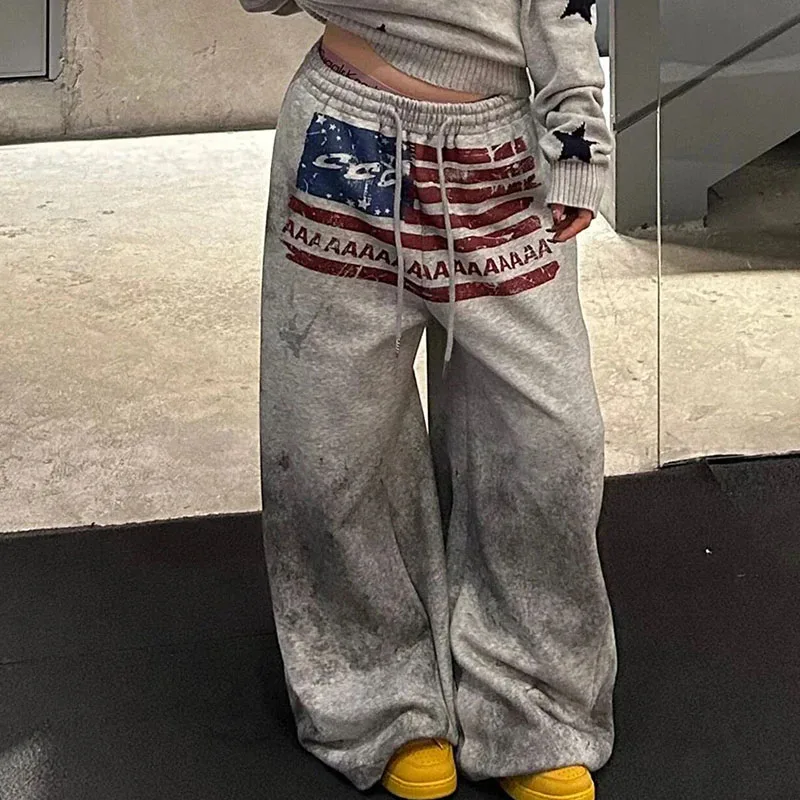 Fashion Street Trend Straight Trousers American Dirty Dyed Creative Make Old Print Loose Pants Hip Hop Autumn Winter Y2K Slacks