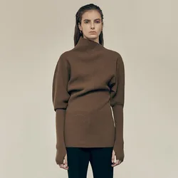 Autumn and winter temperament chic retro bubble sleeve slouchy collar slim fit knitted wool jumper warm long sleeve tops women