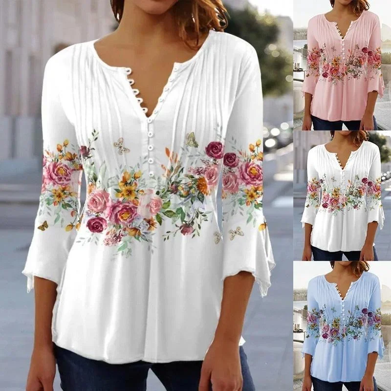 Camiseta de manga larga con cuello en V para mujer, blusa holgada con estampado de flores, camisa informal, Top cómodo, S-5XL, otoño e invierno, 2023