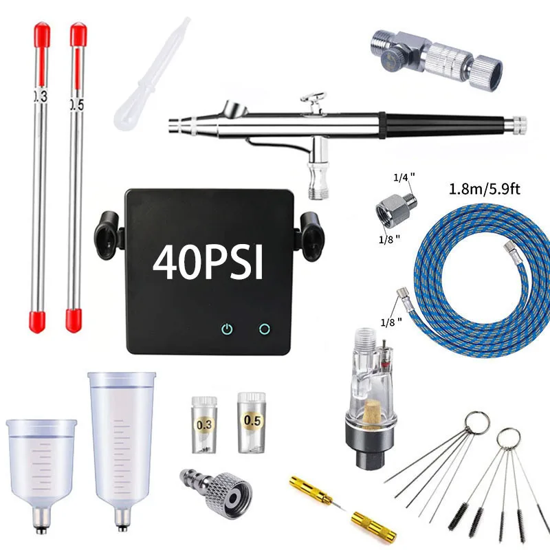 T001A Airbrush Paint Spray Gun Kit, Air Compressor Airbrush Set for Painting, Nail Art Temporary Tattoo & Furniture Repair