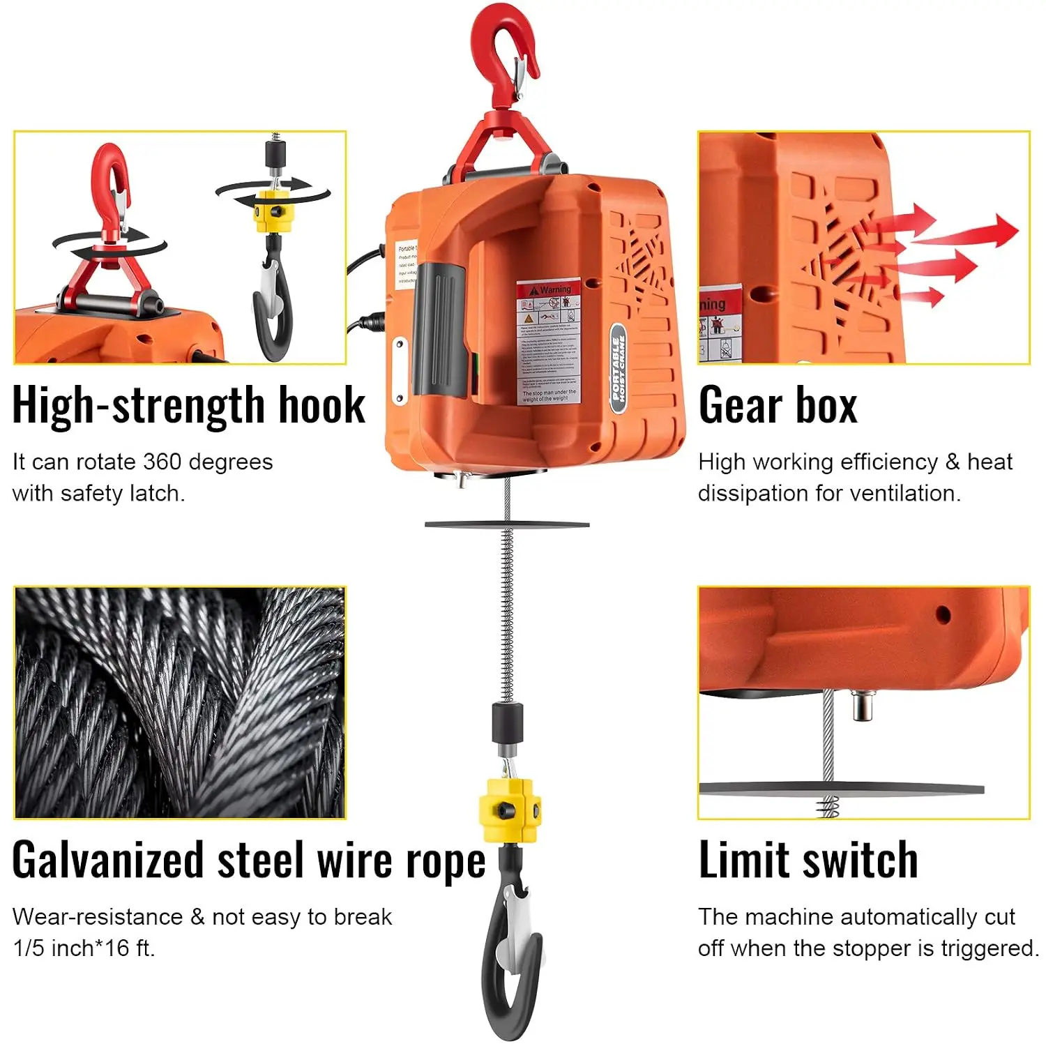 Electric Winch Crane Hoist Portable 1500 Watt Overload Protection Lifting 25 Foot 110 Volt