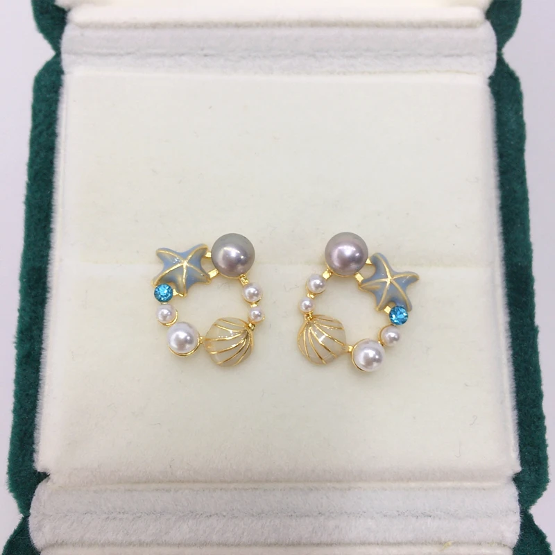 ZHBORUINI Natural Freshwater Pearl Earrings Cute Starfish Shell 14K Gold-Plated Pearl Female Jewelry S925 Silver Ear Needles
