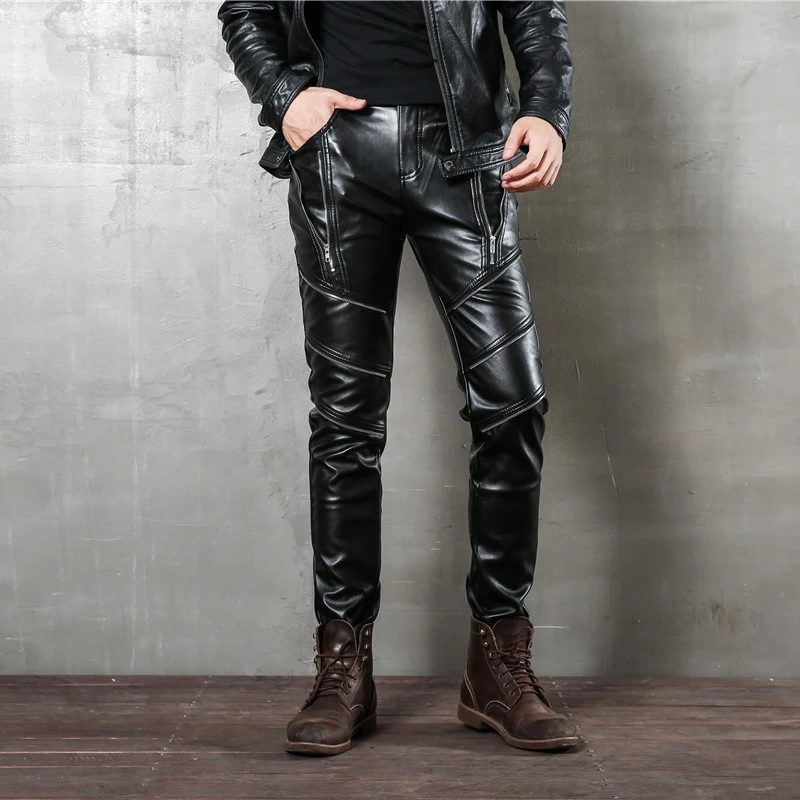 Idopy Men`s Zipper Halloween Steampunk Zippers Pu Motorcycle Party Holiday Stage Performance Punk Faux Leather Pants Jeans