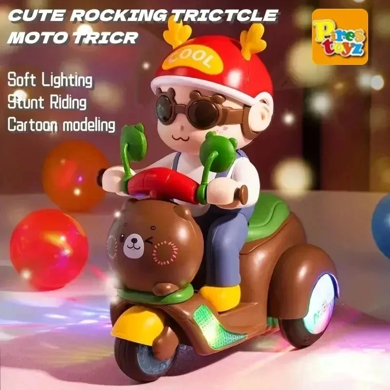 Cartoon Bear Electric Motorcycle Model Stunt 360 ° Rotating Children Toys Household Ornament Motorbike Toys for Motorcycle Fans