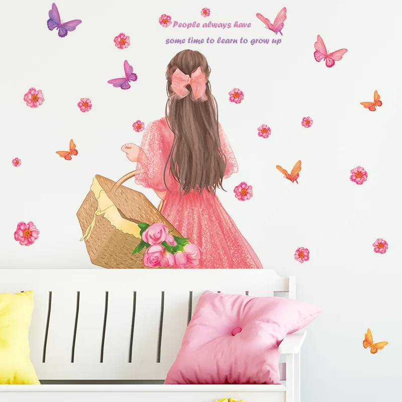 Cartoon Personality Girl Wall Sticker for Girls Room Wall Decoration Self Adhesive Flower Butterfly Art Mural Decals Home Decor