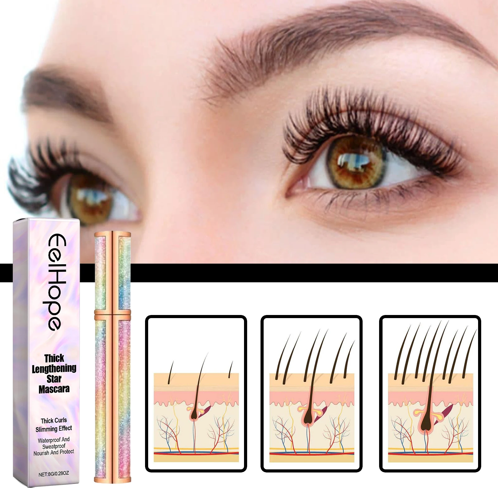 Diamond Lash Mascara, wasserfest und wischfest, langlebig, kräuselnd und voluminös, verdickende Wimpernprimer für die Augen