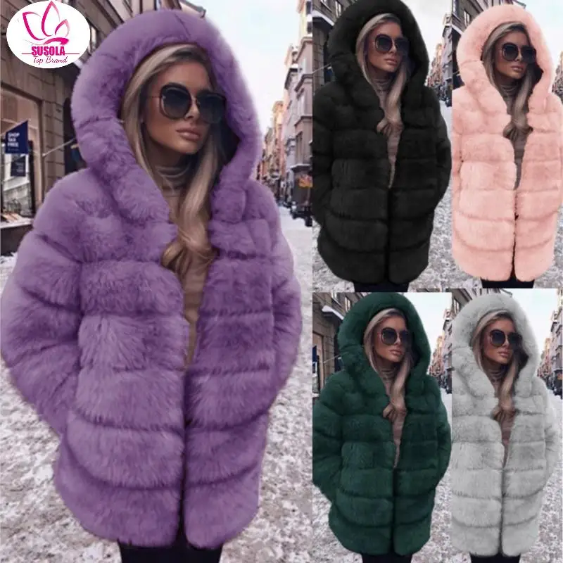 SUSOLA Women's Natural Fox Fur Coat With Hood Thick Warm Genuine Fox Fur Jackets Woman Winter Outwear Luxury Fur Coats