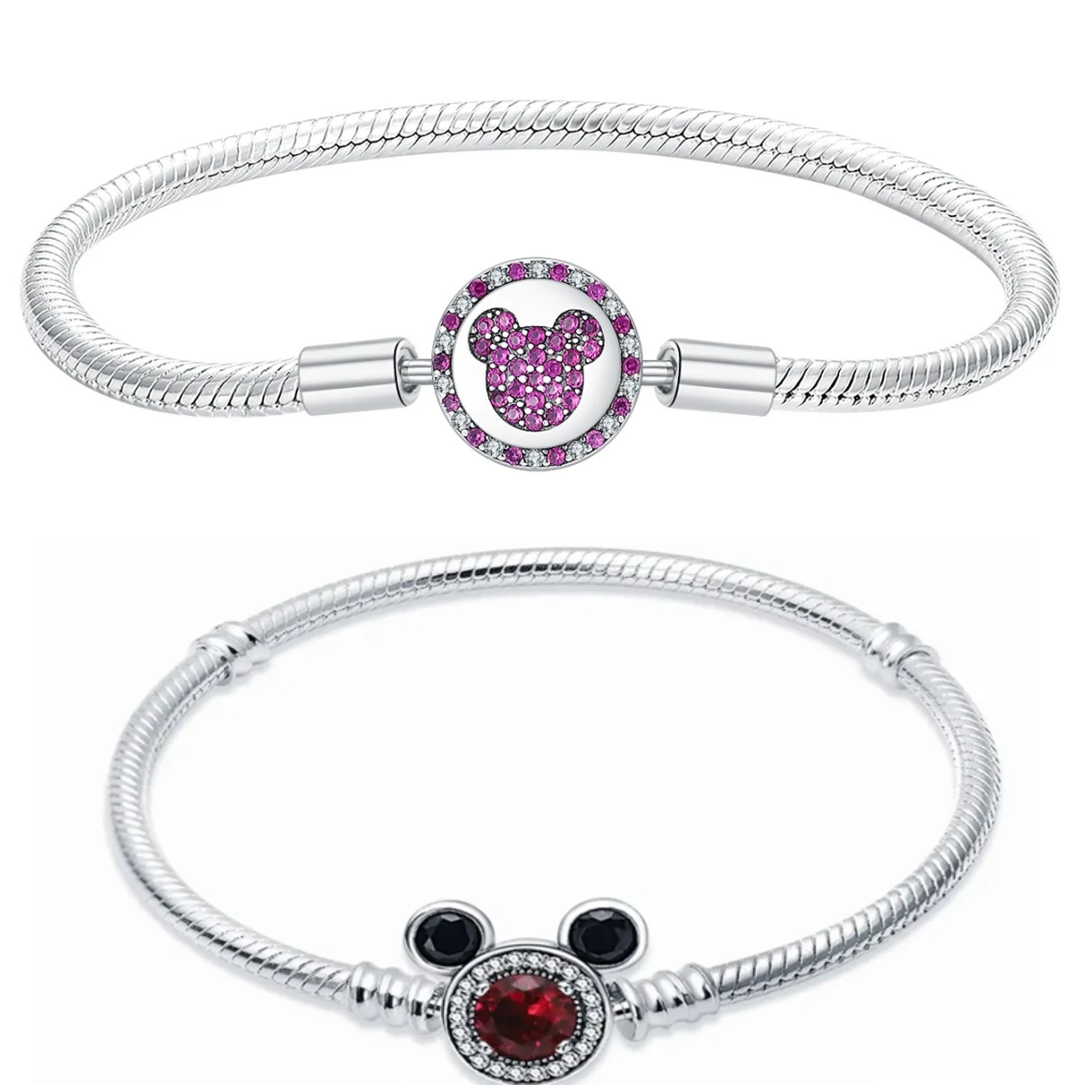 Pulsera de Plata de Ley 925 con Dije de Mickey Mouse, Cadena de Serpiente con Cristales Rosados y Rojos, Joyería de Dibujos Animados, Regalo para Mujer