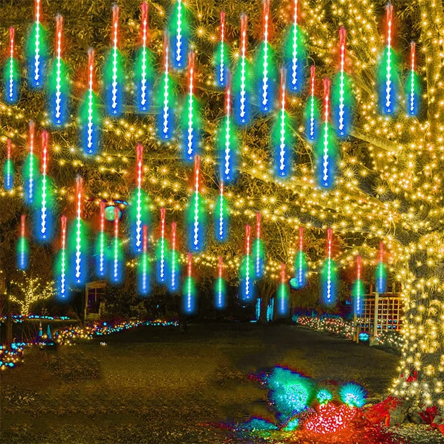 Guirnalda de árbol de Navidad para exteriores, 50CM, luz de lluvia de meteoritos, luz de carámbano de cascada de Navidad para decoración navideña de casa