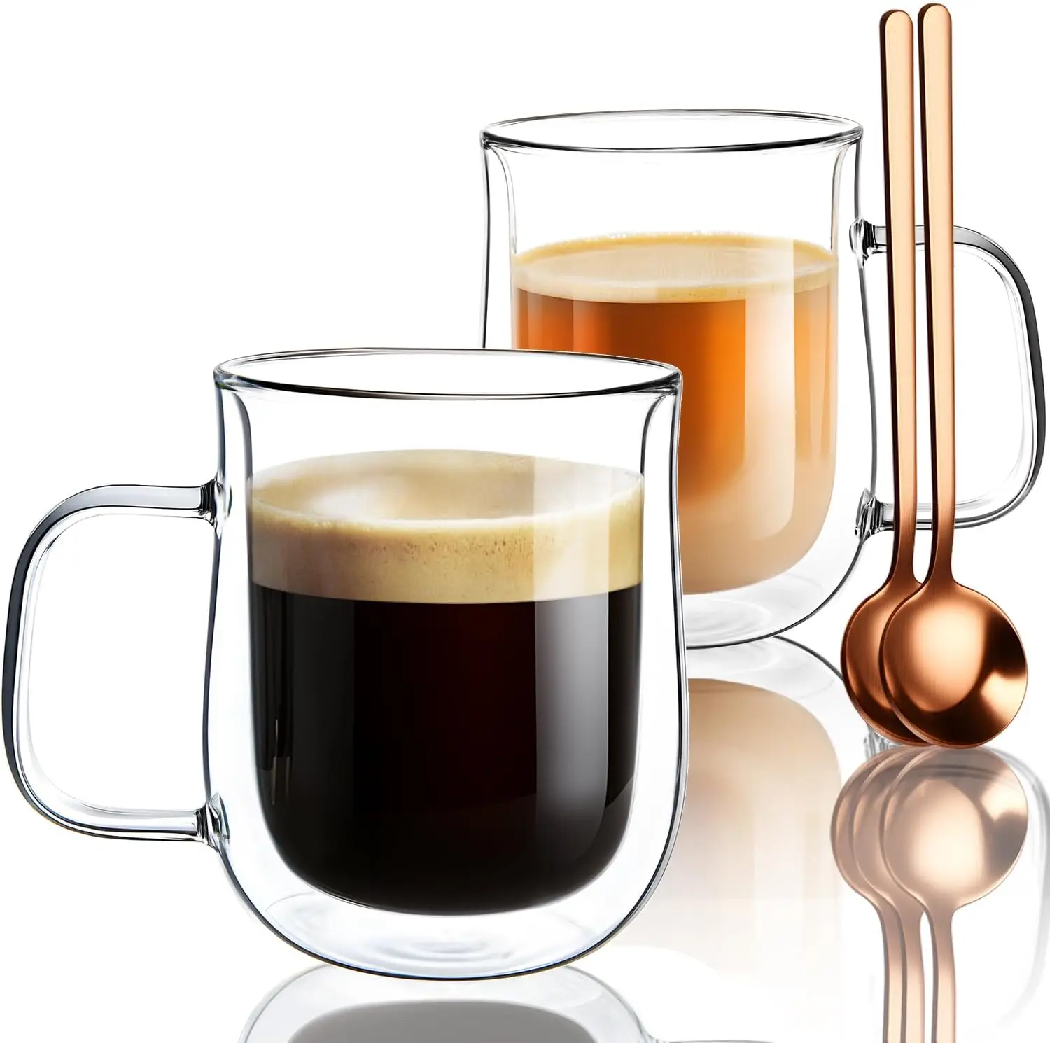 

12oz Double Walled Glass Coffee Mugs Set of 2 with Spoons, Borosilicate Insulated Cups for Hot Beverages, Latte, Tea