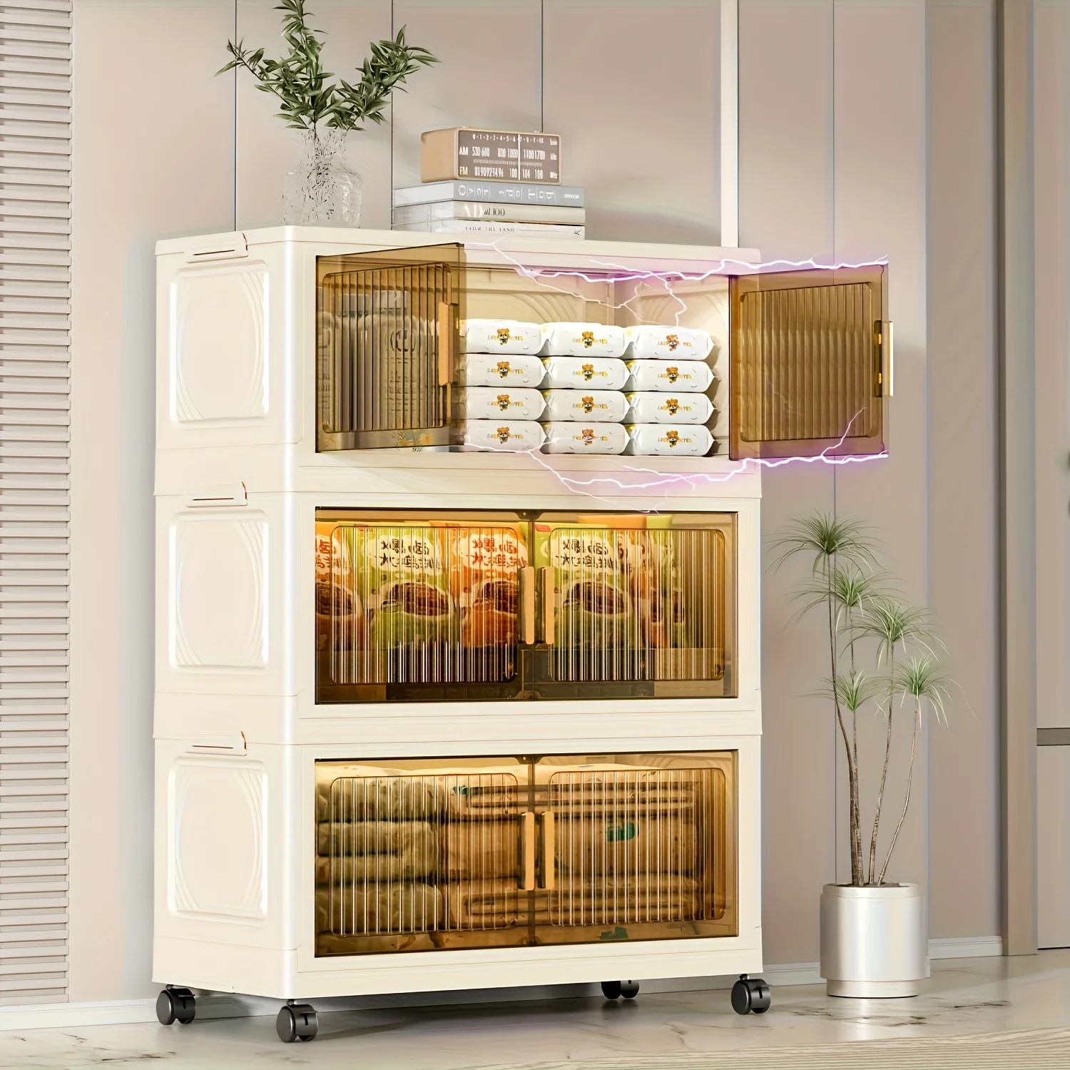 3/4-stöckige Aufbewahrungsbox mit Deckel - Kunststoff mit Deckel, Stapelbar & mit Rollen, Faltbar, Multifunktionaler Organizer & Deko