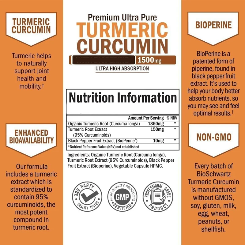 Capsules Of Curcumin Supplements Containing Pepper For High Efficacy Joint Support, Non Genetically Modified, Gluten Free