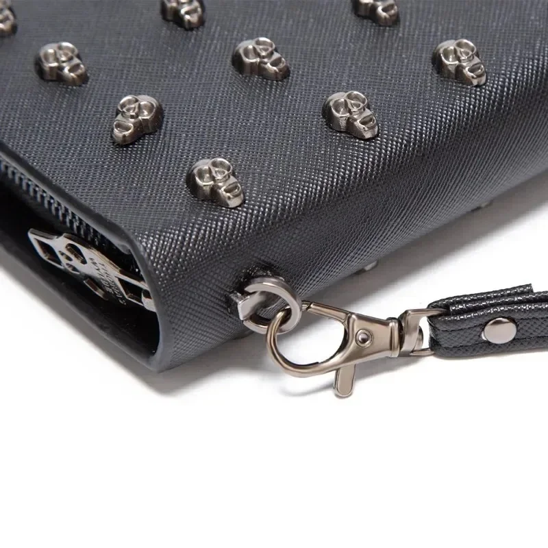 Women's Skull Head Black Handheld Long Wallet, Gothic Credit Card Clip Mobile Wallet, with Wrist Strap