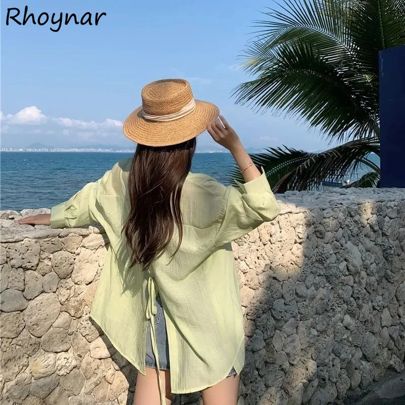 

Solid Long Sleeve Shirts Women Korean Fashion Back-slit Thin Sunscreen Casual All-match Simple Vacation College Chic Tops Summer